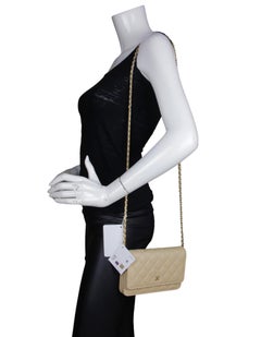 Chanel NWT Beige Quilted Caviar Leather Wallet On Chain WOC Crossbody Bag