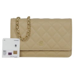 Chanel NWT Beige Quilted Caviar Leather Wallet On Chain WOC Crossbody Bag