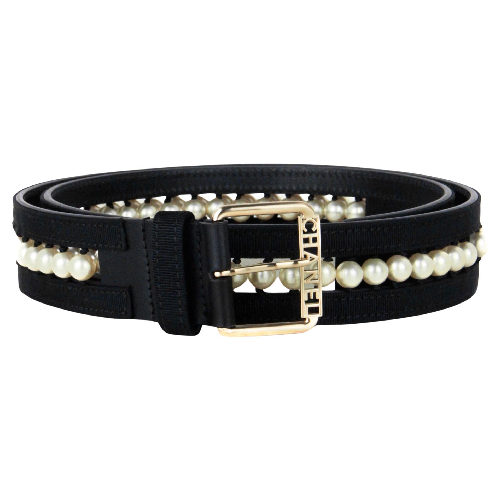Chanel NWT Black Leather & Grosgrain Pearl Belt sz 90 rt. $1, 850