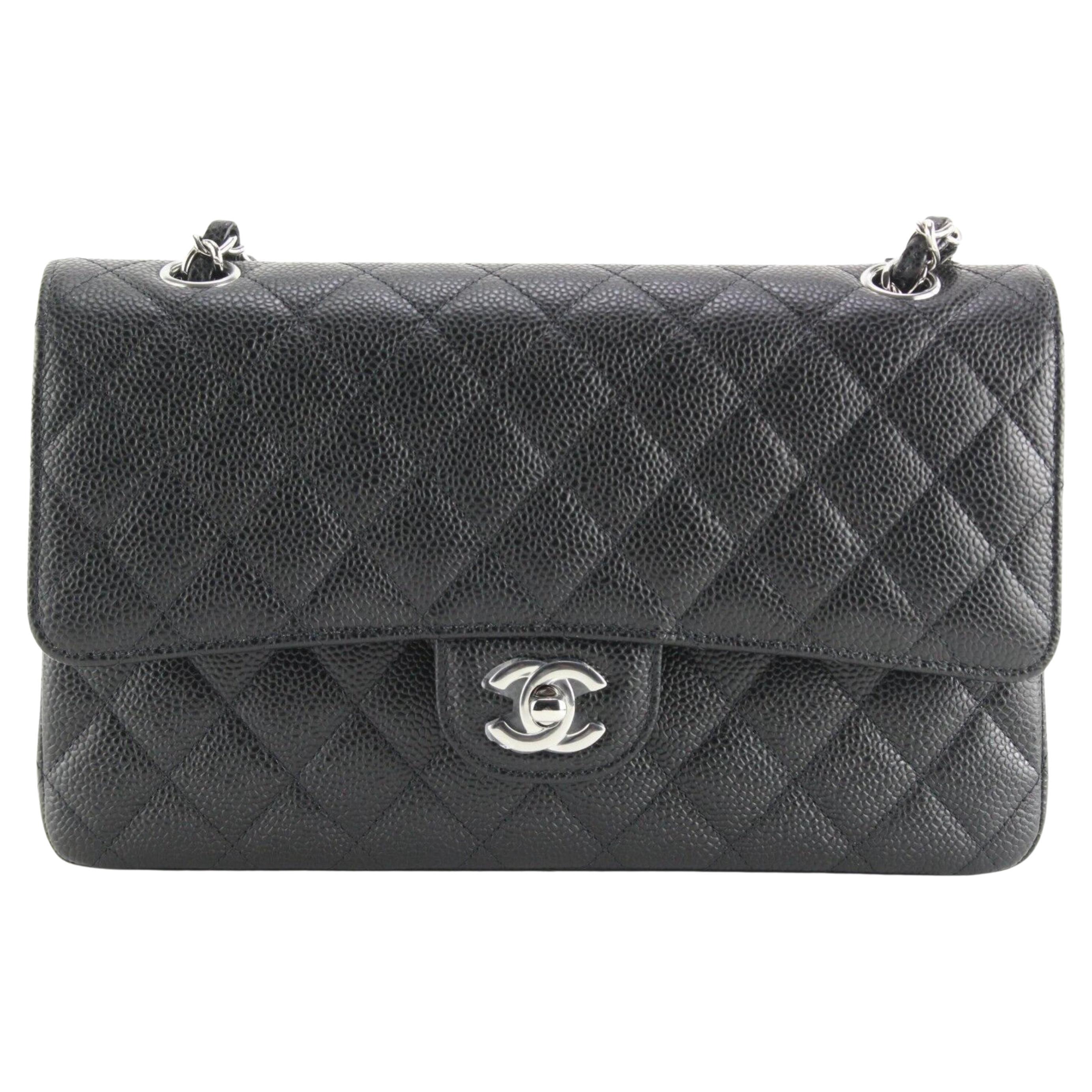 Chanel NWT Black Quilted Caviar Medium Classic Double Flap 3CJ0216 For Sale