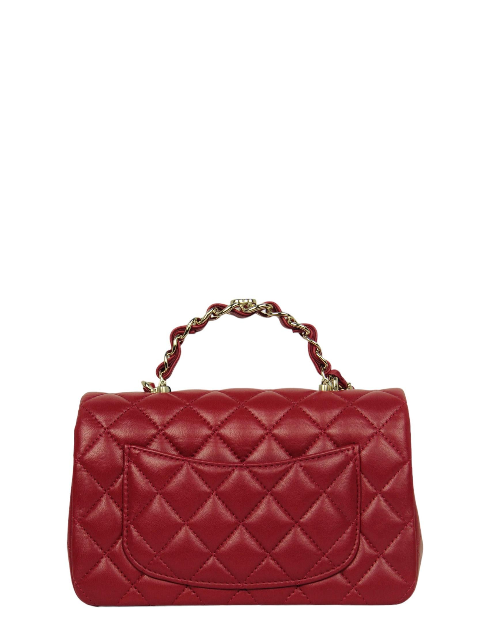 Chanel NWT Red Lambskin Rectangular Mini Flapbag w/ Handle In Excellent Condition For Sale In New York, NY