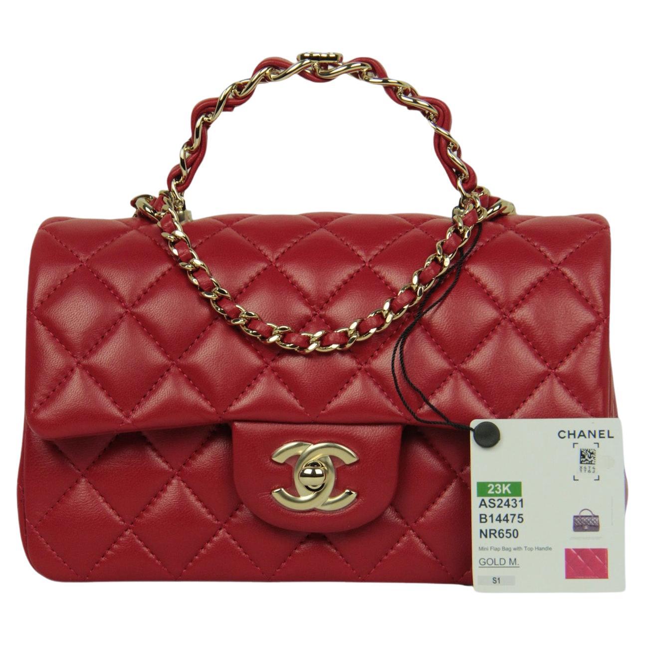 Chanel NWT Red Lambskin Rectangular Mini Flapbag w/ Handle For Sale