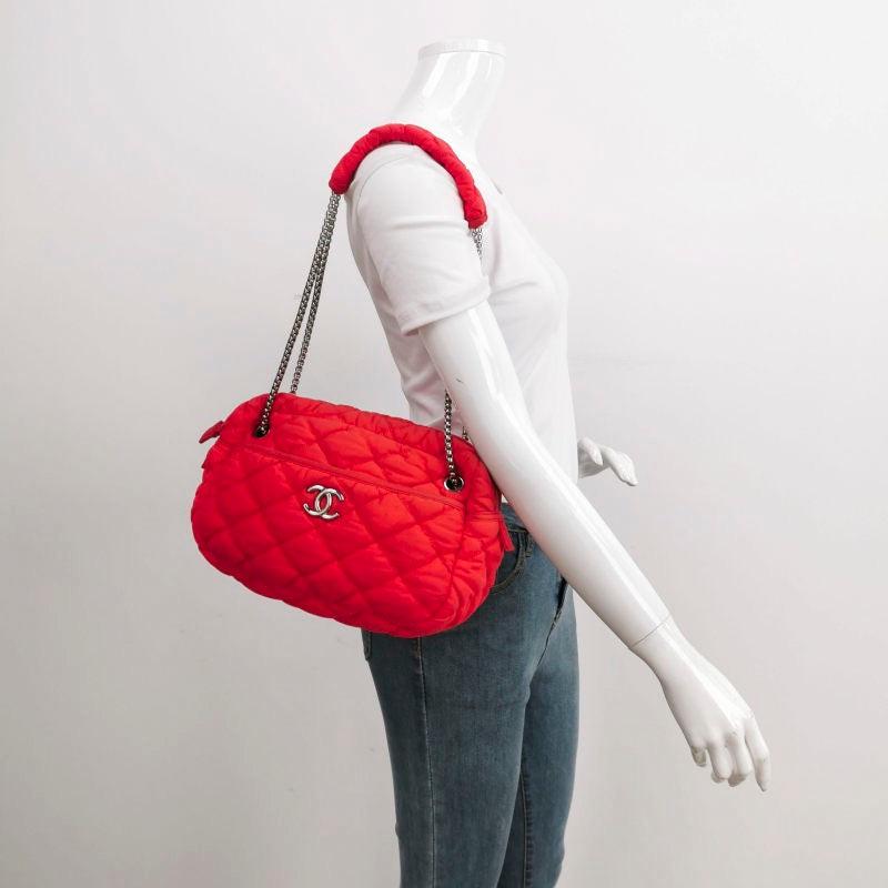 Women's Chanel Nylon Bubble Striped Quilt Accordion Flap Bag Red