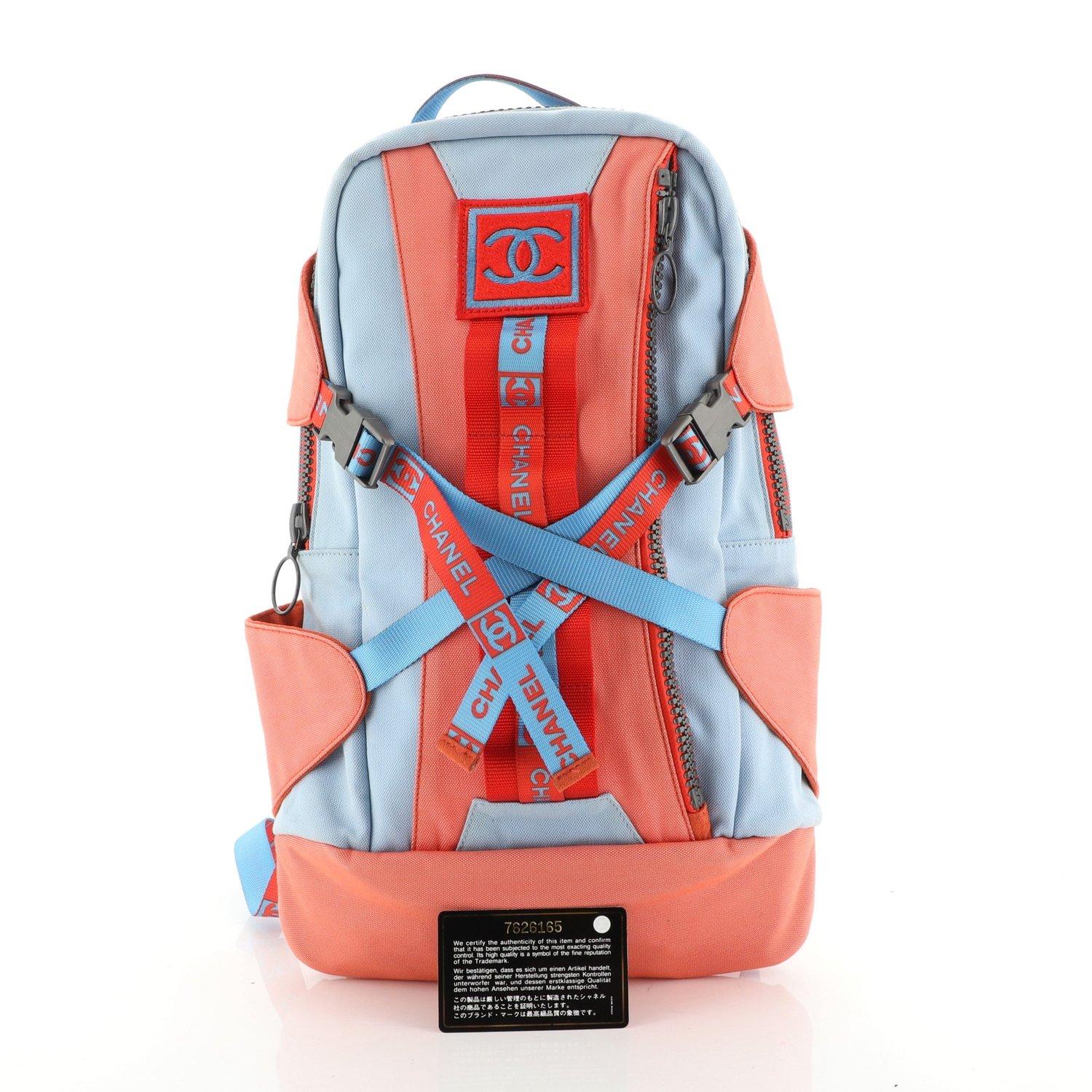 Chanel Nylon Light Blue Orange Sport Backpack In Good Condition For Sale In Miami, FL