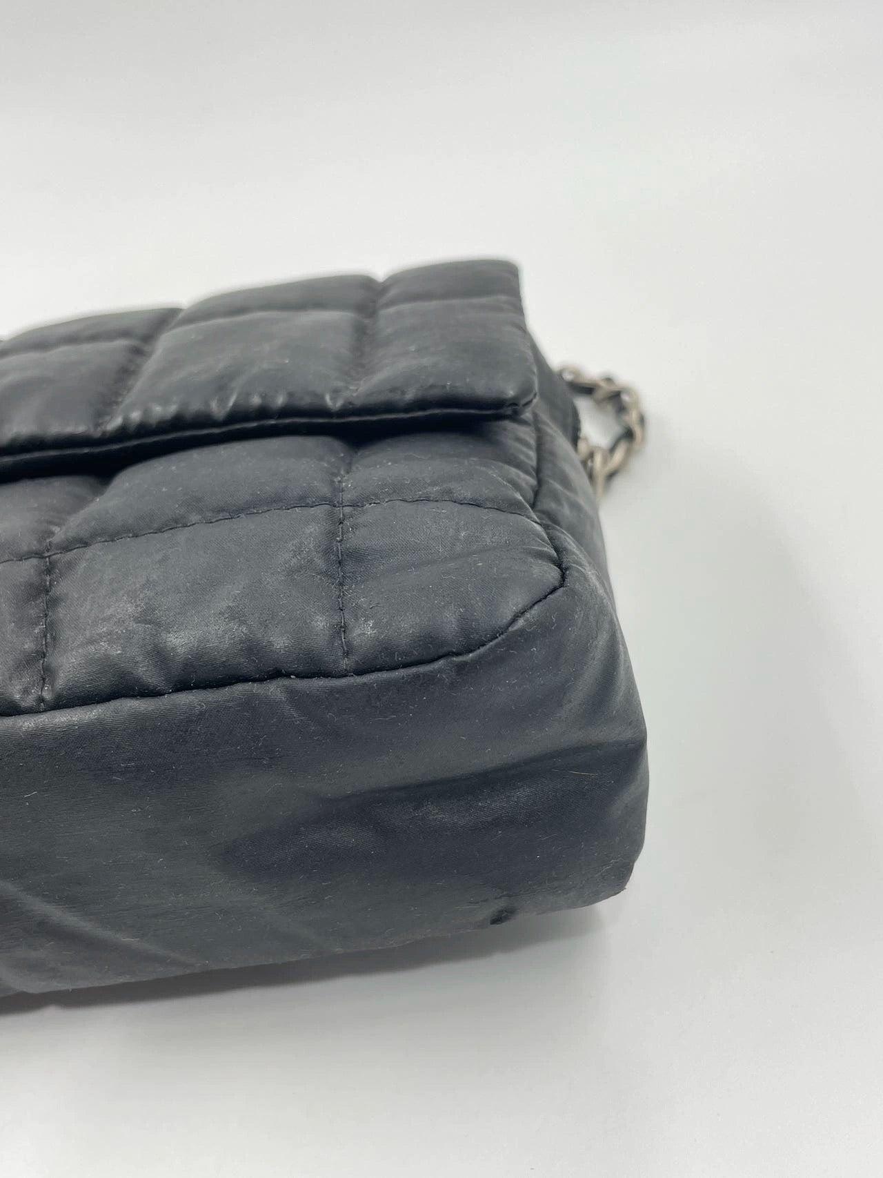 CHANEL Nylon Square Quilted Flap Bag Black Puffer Curved Bottom 8