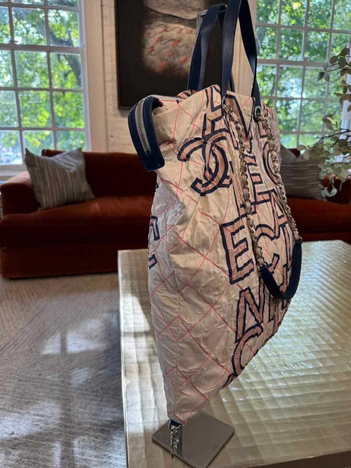 Chanel Nylon White Printed Logo Shopping Tote Bag Multicolor In Fair Condition For Sale In Montreal, Quebec