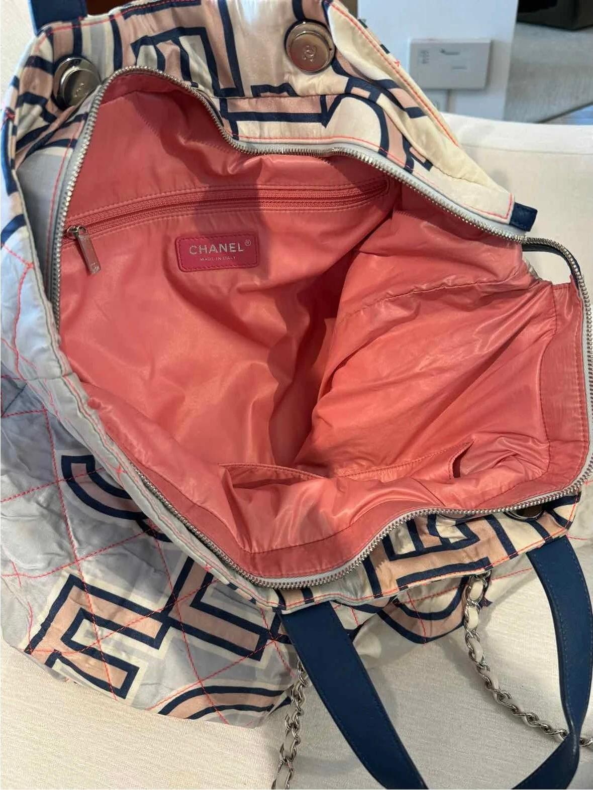 Chanel Nylon White Printed Logo Shopping Tote Bag Multicolor For Sale 1
