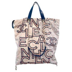 Chanel Nylon White Printed Logo Shopping Tote Bag Multicolor