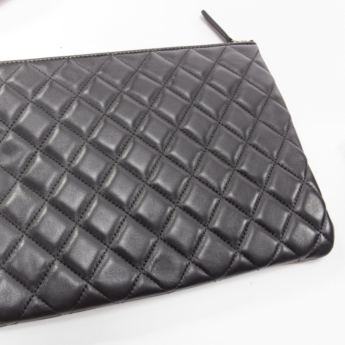 CHANEL O Case black smooth leather matelasse quilted zip clutch bag 3