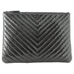 Chanel O Case Clutch Chevron Crumpled Metallic Patent Medium