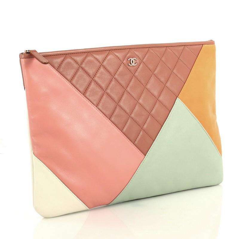Beige Chanel O Case Clutch Colorblock Quilted Leather Large