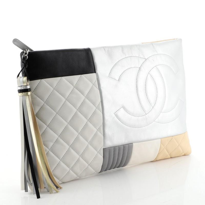 Gray Chanel O Case Clutch Colorblock Quilted Leather Large 