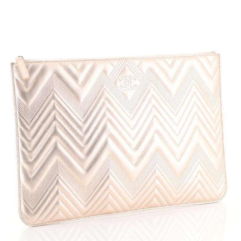 Beige Chanel O Case Clutch Metallic Chevron Calfskin Large 