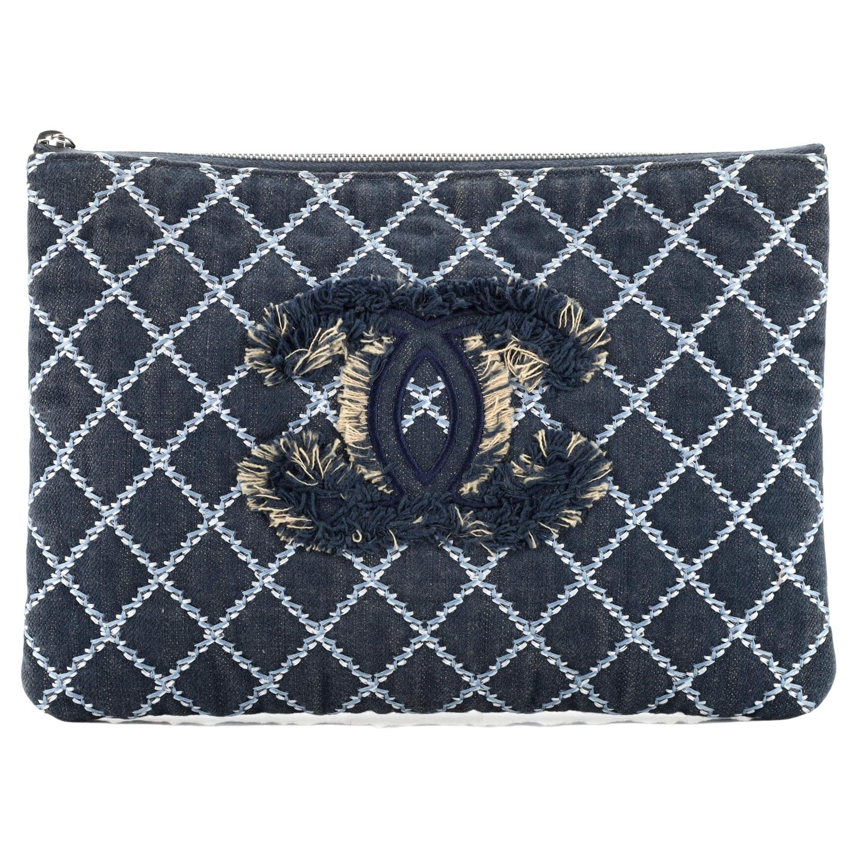 Chanel O Case Clutch Quilted Denim Large