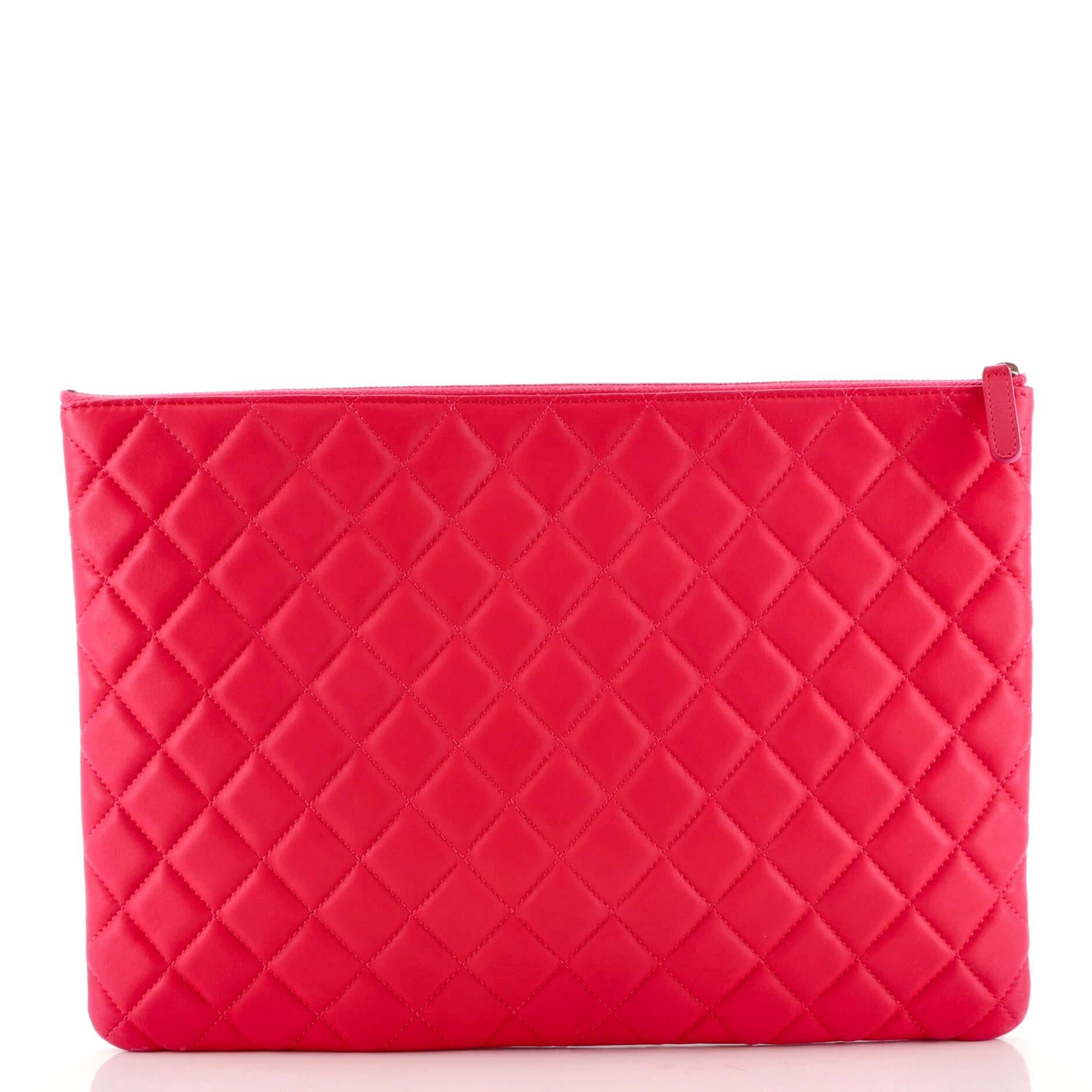 Red Chanel O Case Clutch Quilted Lambskin Large