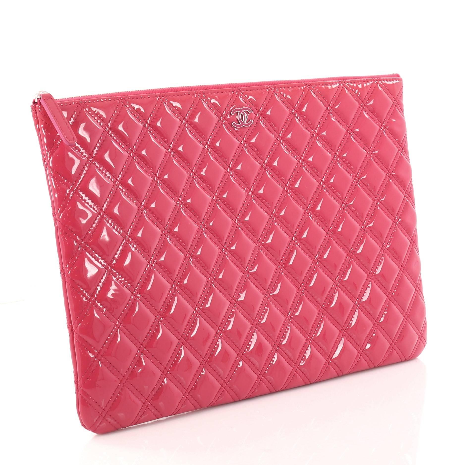 Red Chanel O Case Clutch Quilted Patent Large