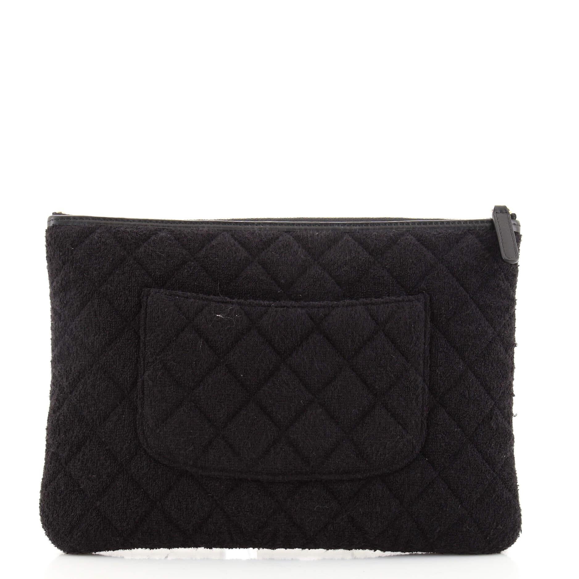 Black Chanel O Case Clutch Quilted Terry Cloth with Faux Pearls Medium