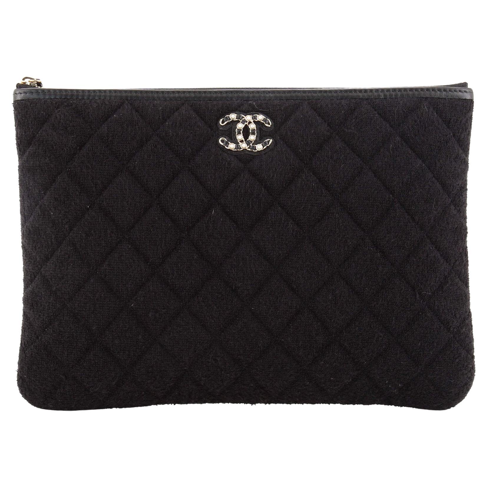 Chanel O Case Clutch Quilted Terry Cloth with Faux Pearls Medium