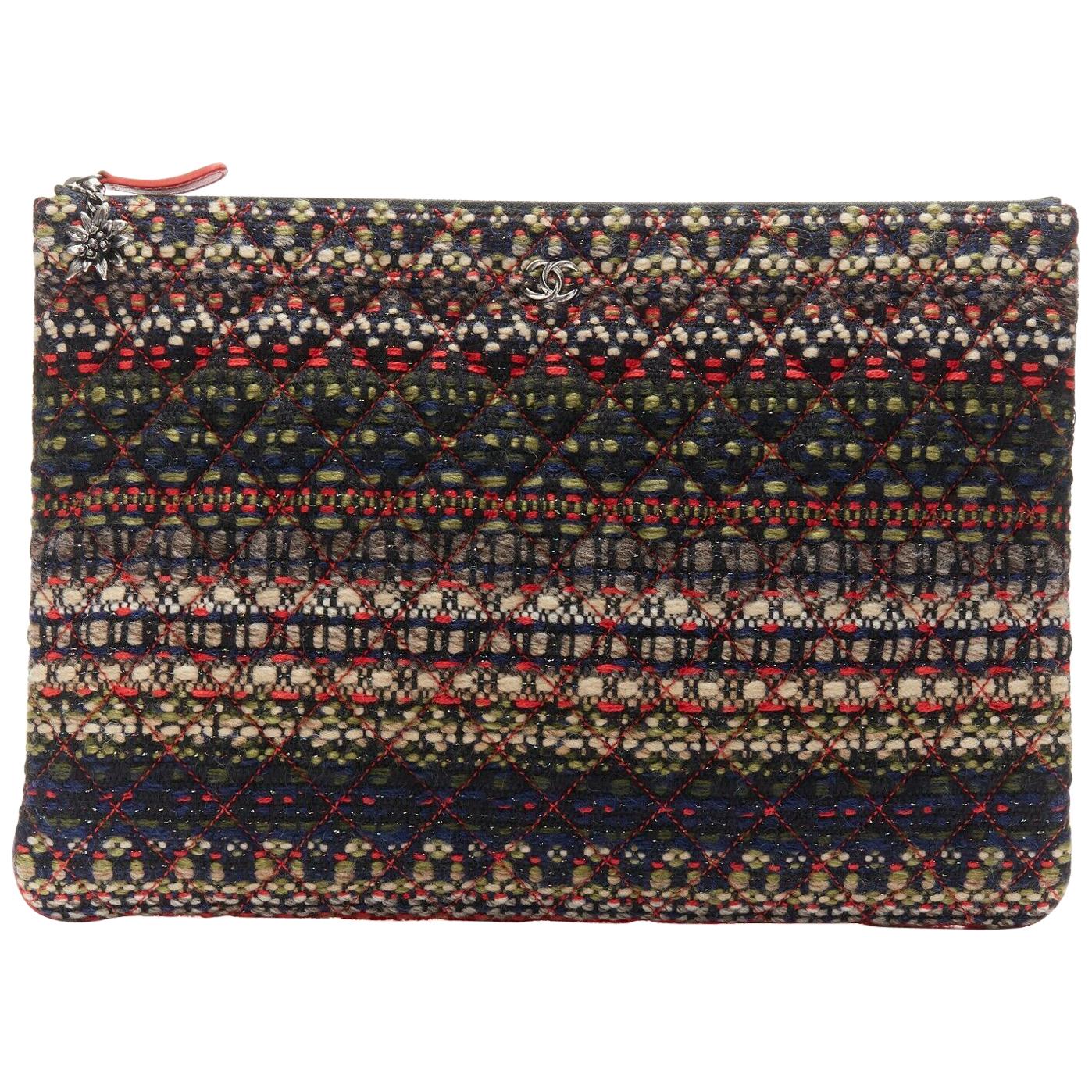 CHANEL O-case Paris Salzburg tweed pouch wool silver quilted clutch bag
