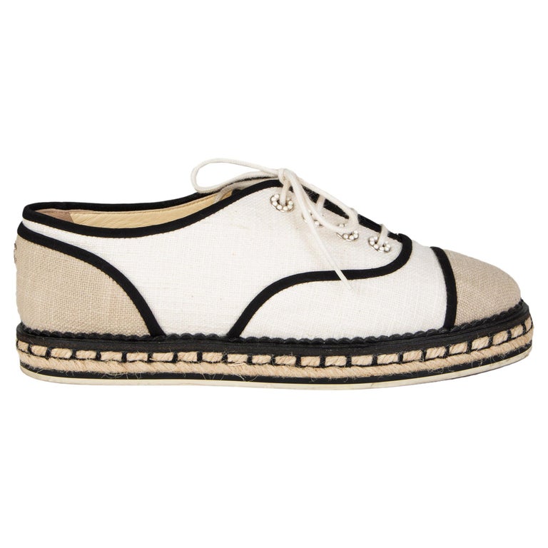 CHANEL oatmeal ivory canvas LACE UP Espadrilles Flats Shoes 37 For Sale at  1stDibs