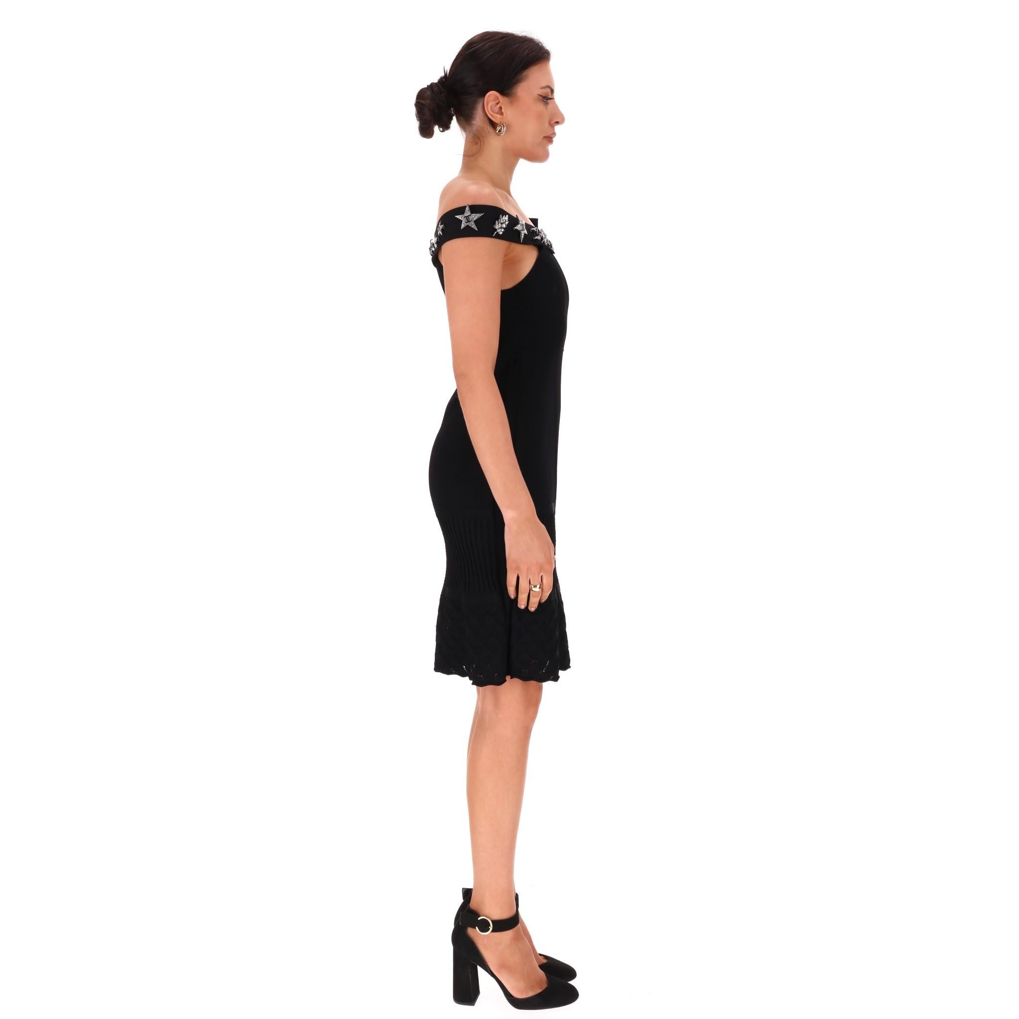 Black Chanel Off-The-Shoulder Dress With Crystal & 'CC' Logo Embellished Brooches For Sale