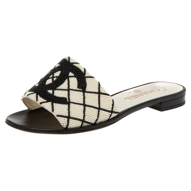 Chanel Off-White/Black CC Pearl Embroidery Flat Slides Size 38 at 1stDibs