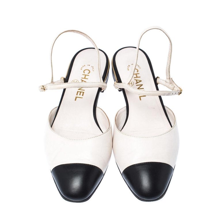 Chanel Off White/Black Leather CC Cap Toe Ankle Strap Sandals Size 38 ...