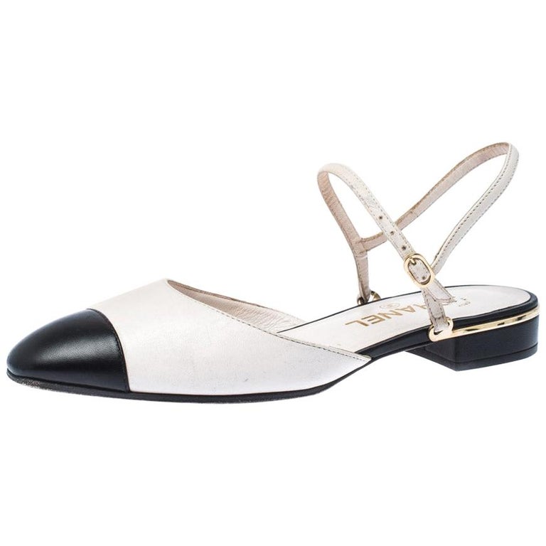 Chanel Off White/Black Leather CC Cap Toe Ankle Strap Sandals Size 38 ...