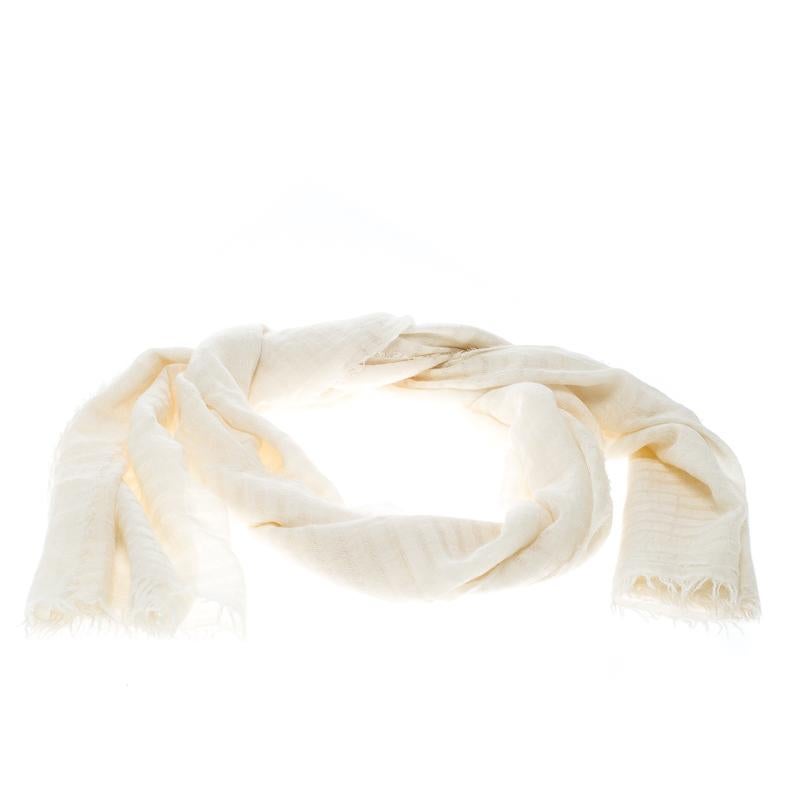 Chanel Off White Cashmere and Silk Shirred Fringed Edge Scarf