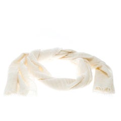 Chanel Off White Cashmere and Silk Shirred Fringed Edge Scarf