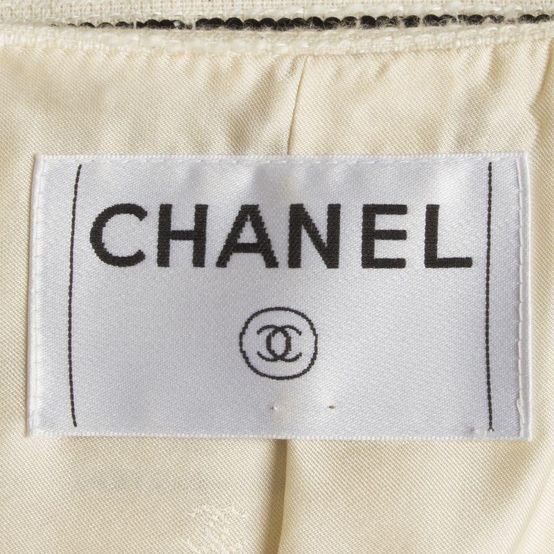 Beige CHANEL off-white cotton & back SEQUIN Collarless Blazer Jacket M