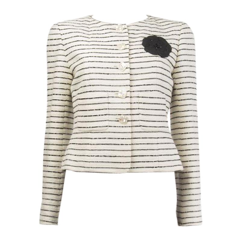 CHANEL off-white cotton & back SEQUIN Collarless Blazer Jacket M