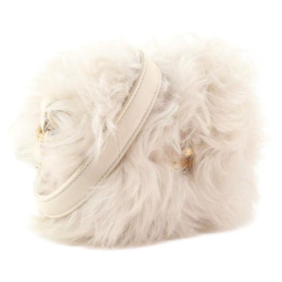 CHANEL Off White Cream Shearling Fur Small Evening Shoulder Bag In Excellent Condition In Chicago, IL