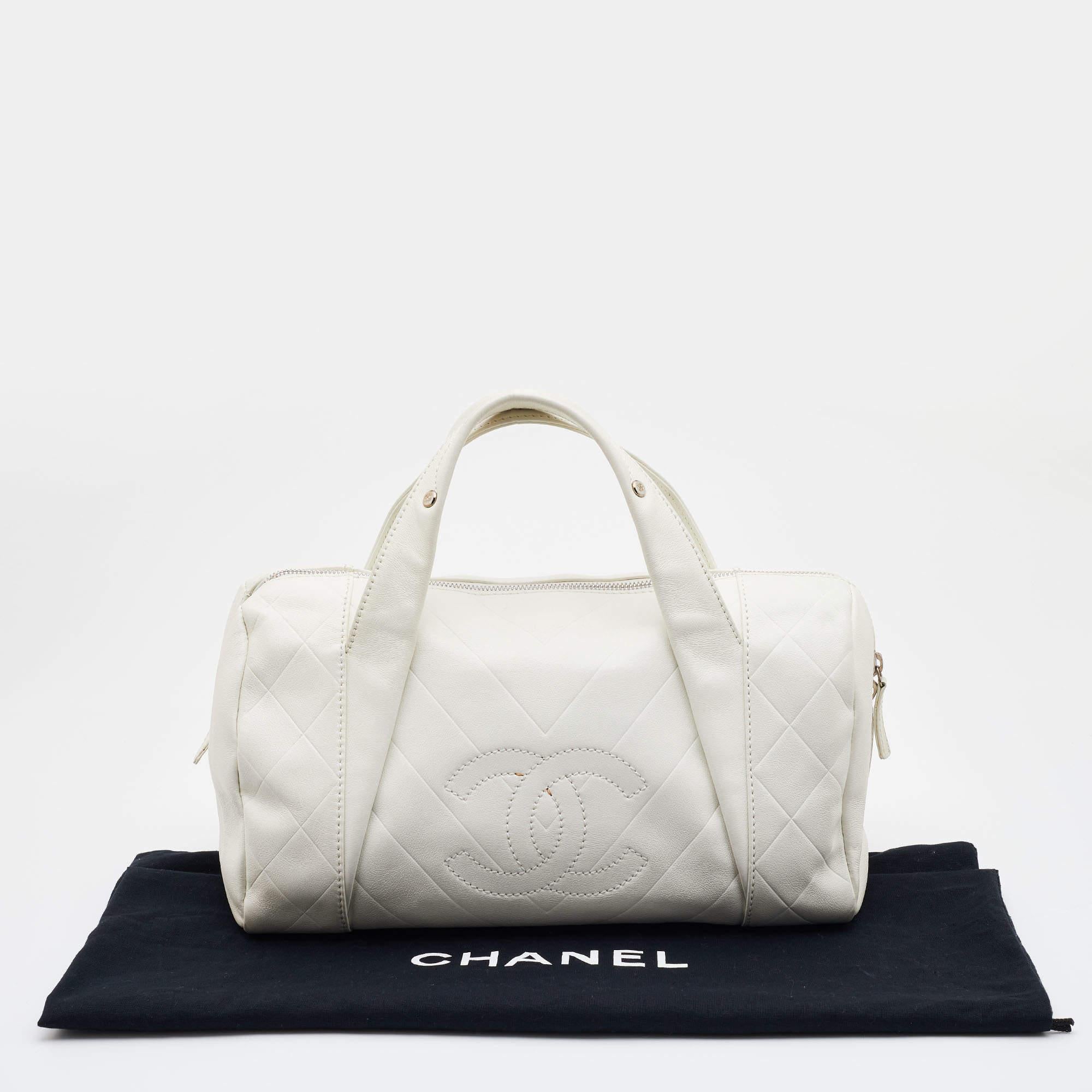 Chanel Off White Double Quilt Leather Bowler Bag For Sale 4