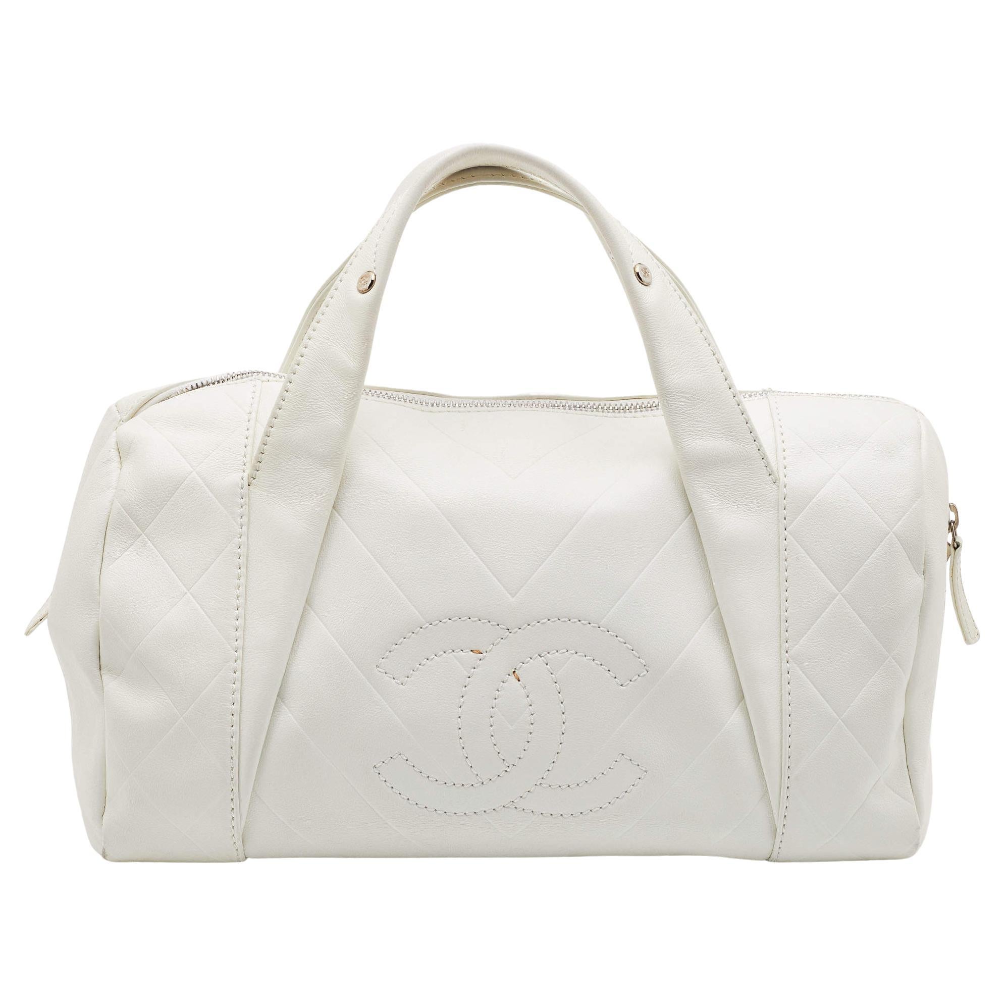 Chanel Off White Double Quilt Leather Bowler Bag For Sale
