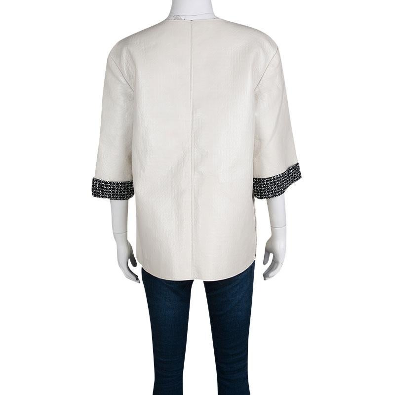 Gray Chanel Off White Lambskin Leather Contrast Lined Pearl Buttoned Jacket M