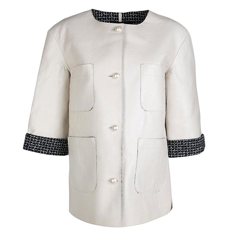 Chanel Off White Lambskin Leather Contrast Lined Pearl Buttoned Jacket M