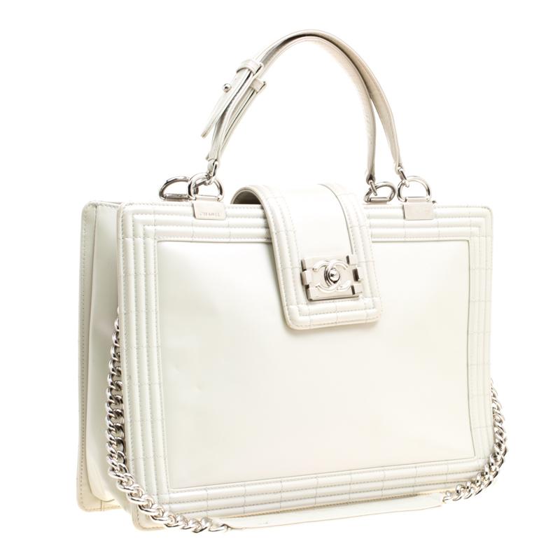 Chanel Off White Leather Reverso Boy Tote 4