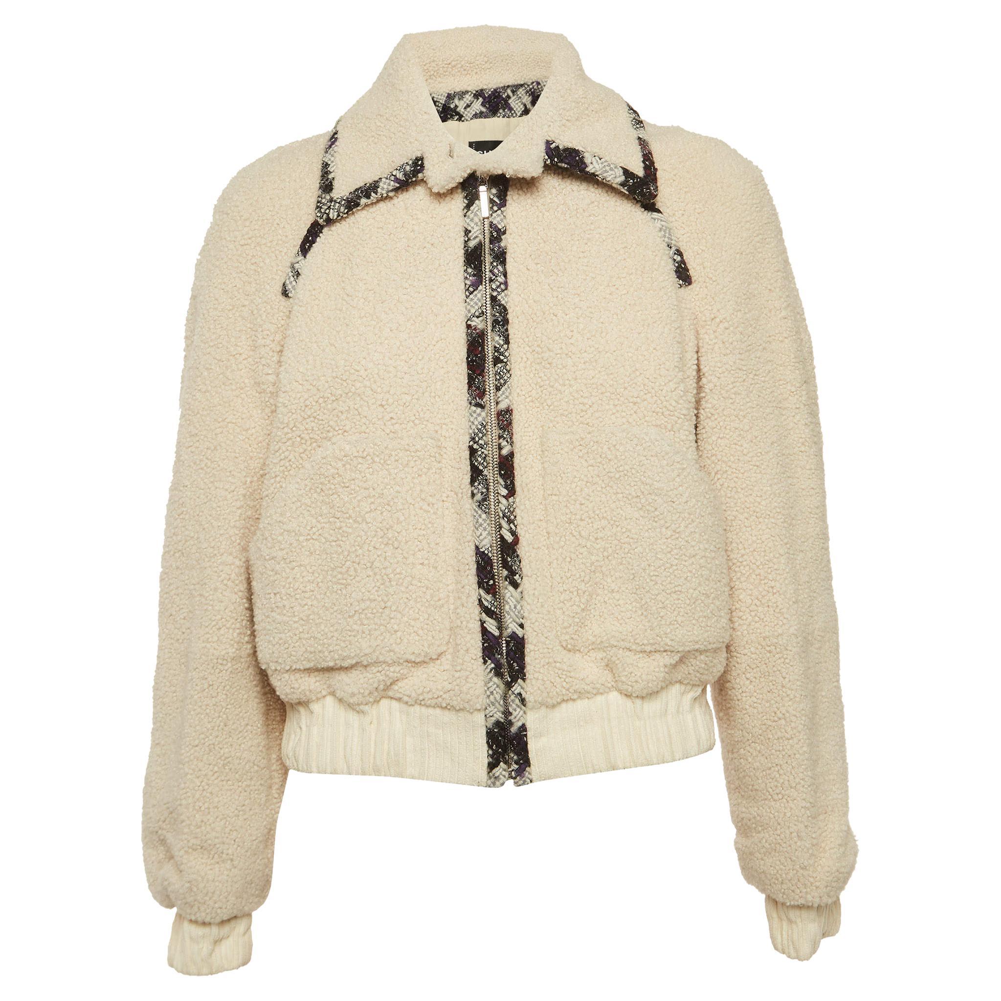 Chanel Off-White Logo Woven Shearling Zipper Jacket S For Sale