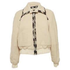 Used Chanel Off-White Logo Woven Shearling Zipper Jacket S