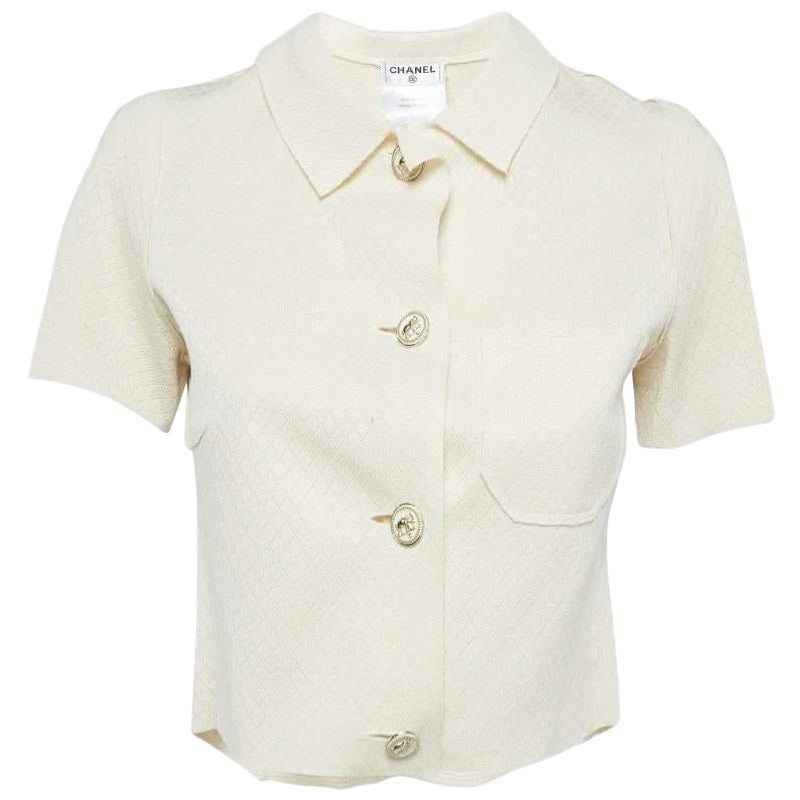 Chanel Off White Lozenge Knit Cropped Shirt S