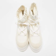 Chanel Off White Patent Leather and Neoprene CC Lace Up Wedge Boots Size 38