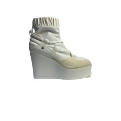 Chanel Off White Patent Leather Neoprene Wedge Boots - 38.5