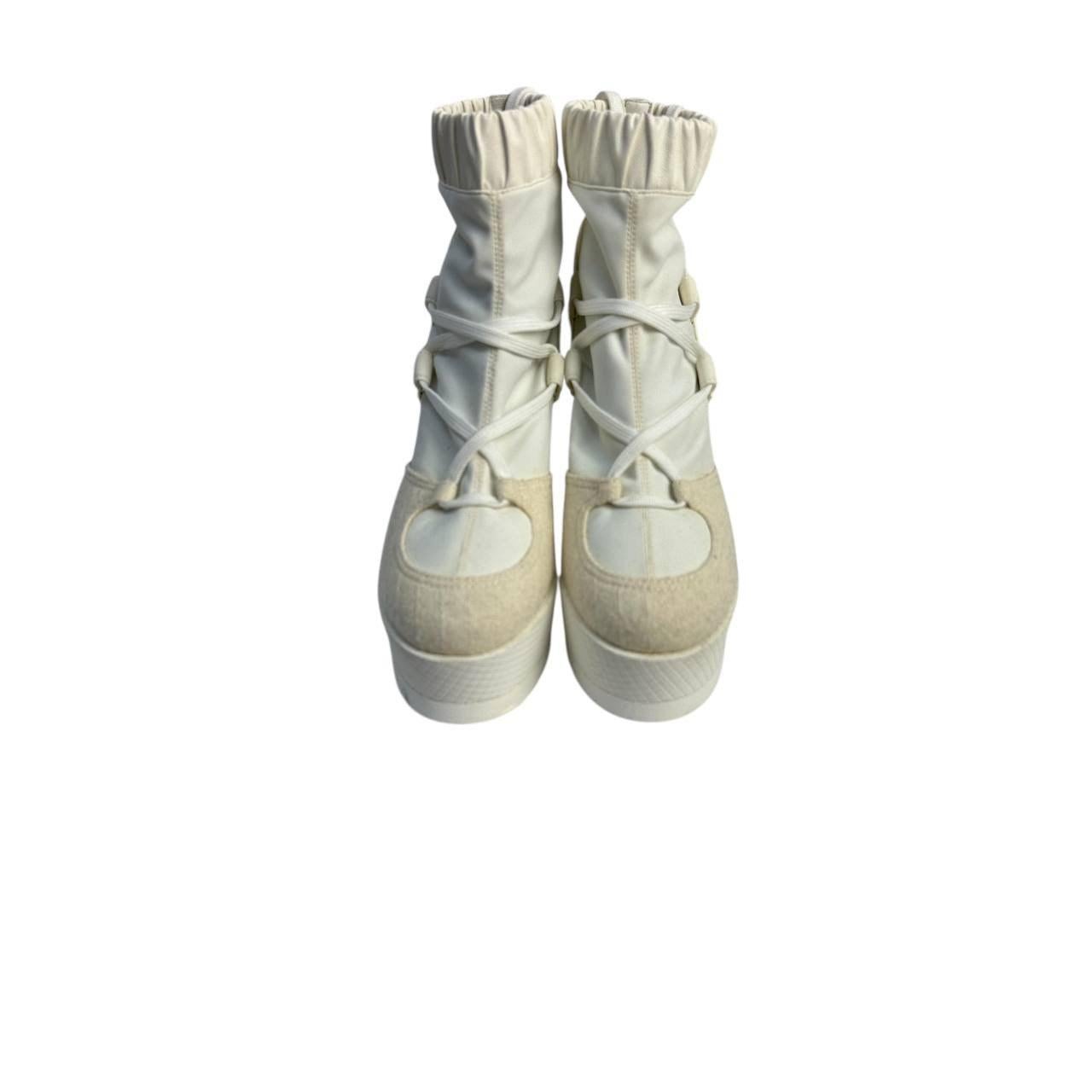 Gray Chanel Off White Patent Leather Neoprene Wedge Boots - 38.5 For Sale