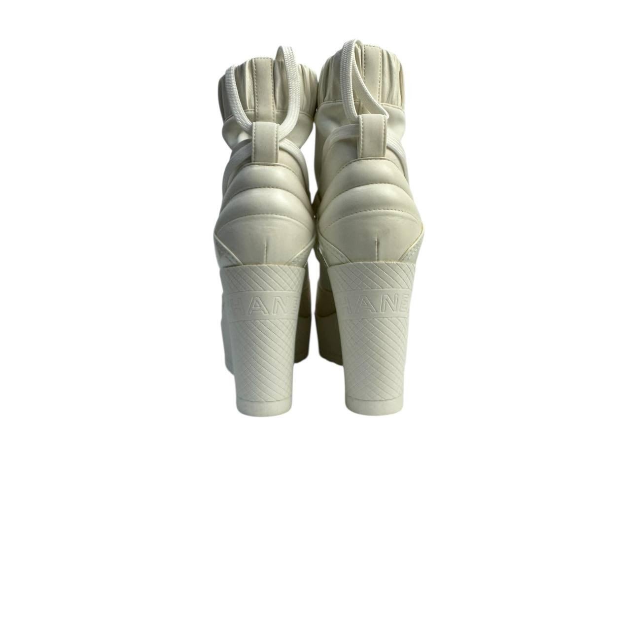 Women's Chanel Off White Patent Leather Neoprene Wedge Boots - 38.5 For Sale