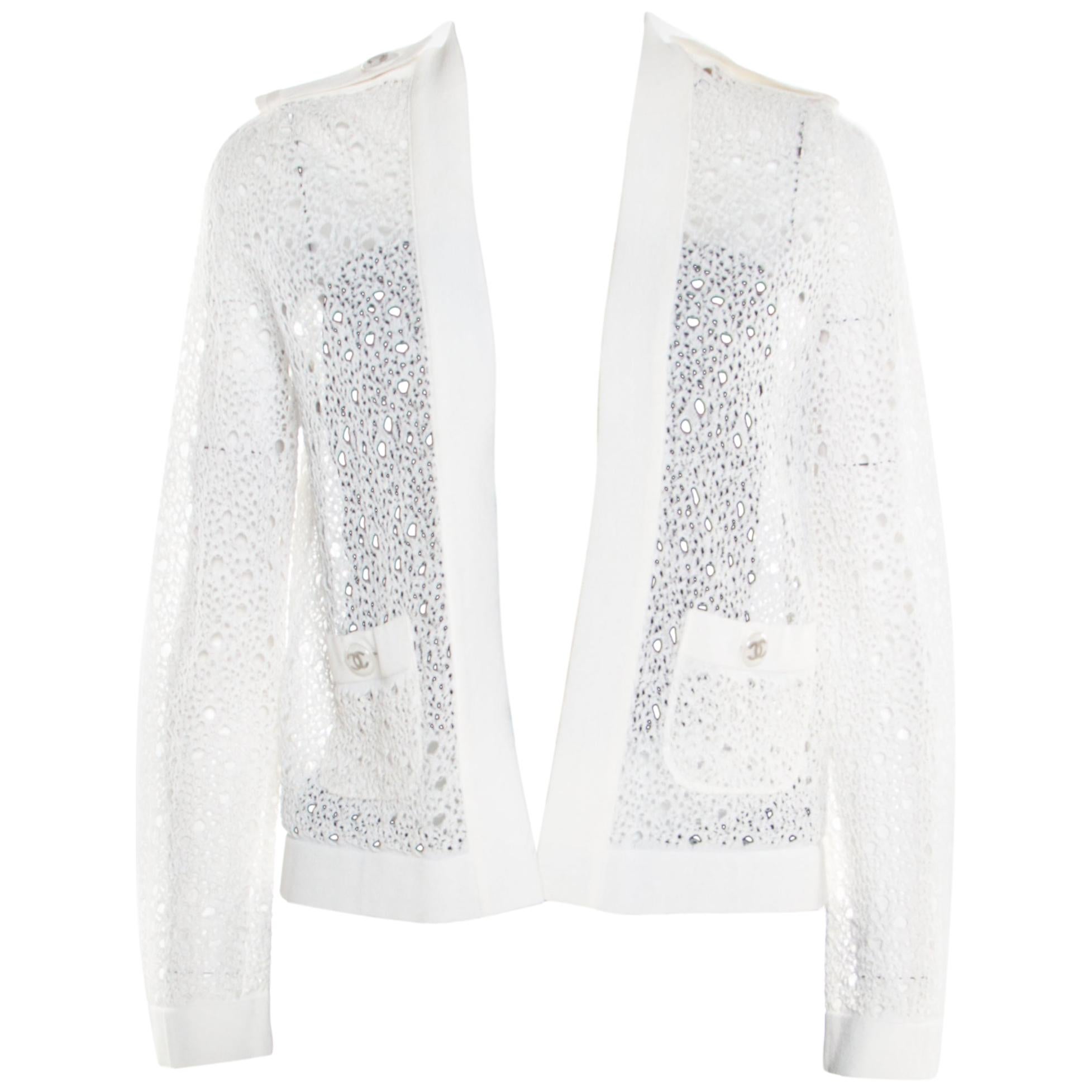 Chanel white crochet knit cropped cardigan 34 at Jill's Consignment