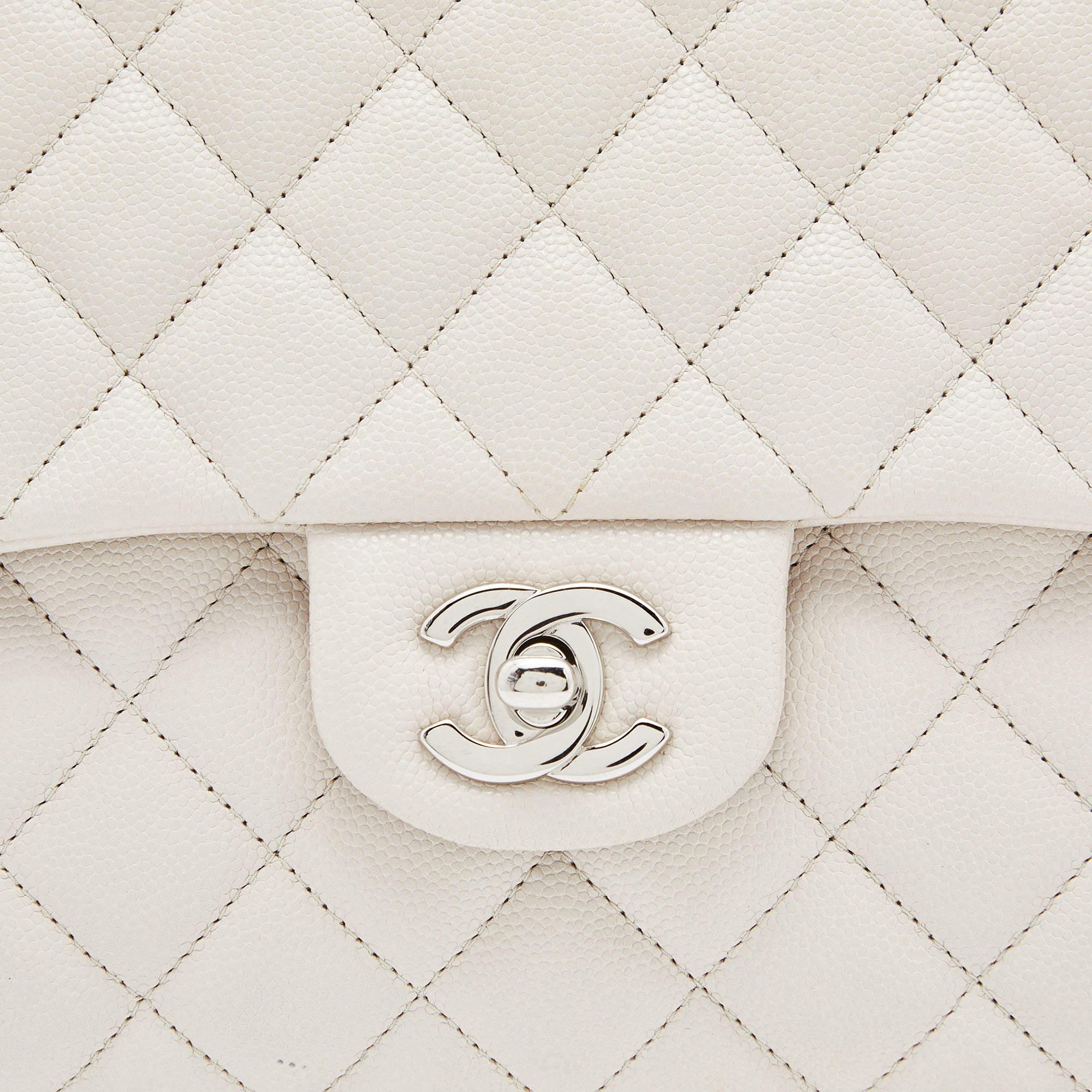 Chanel Off White Quilted Caviar Leather Flap Clutch 6