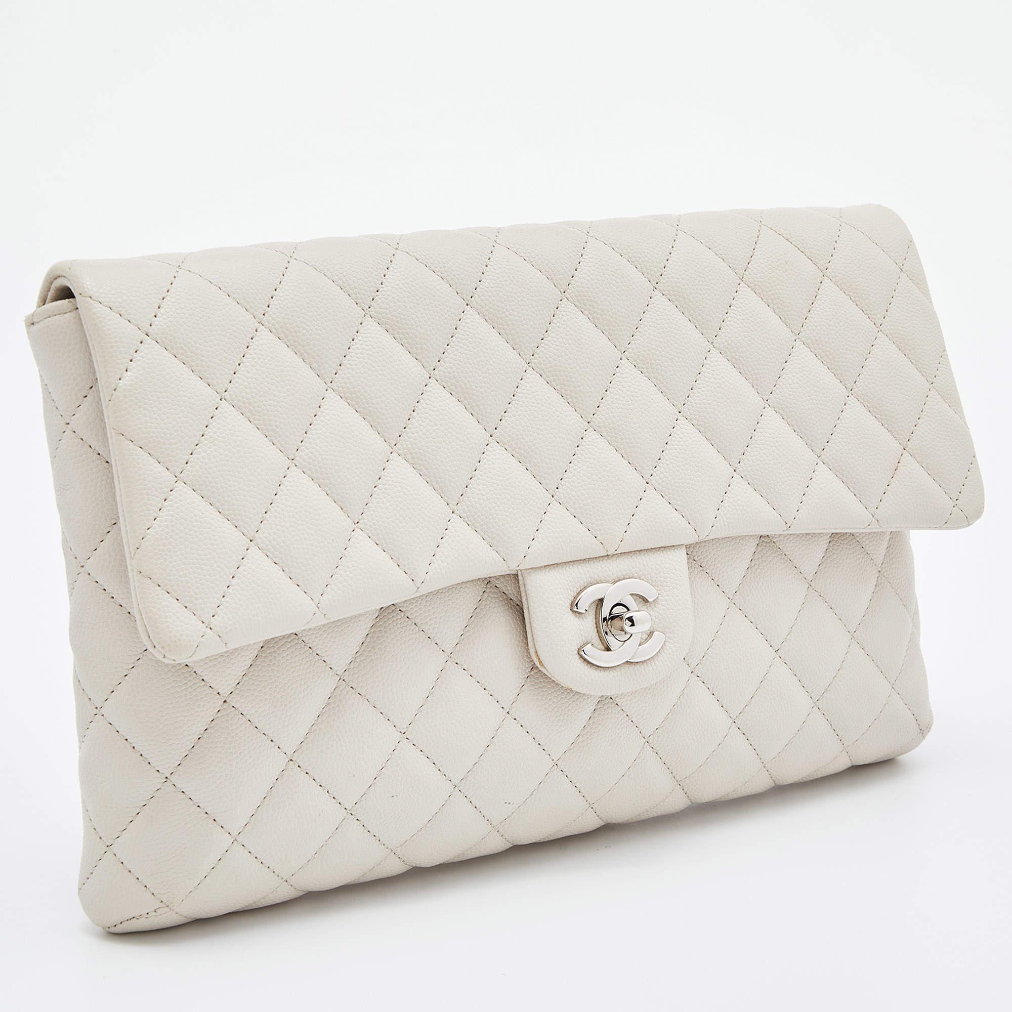 Women's Chanel Off White Quilted Caviar Leather Flap Clutch