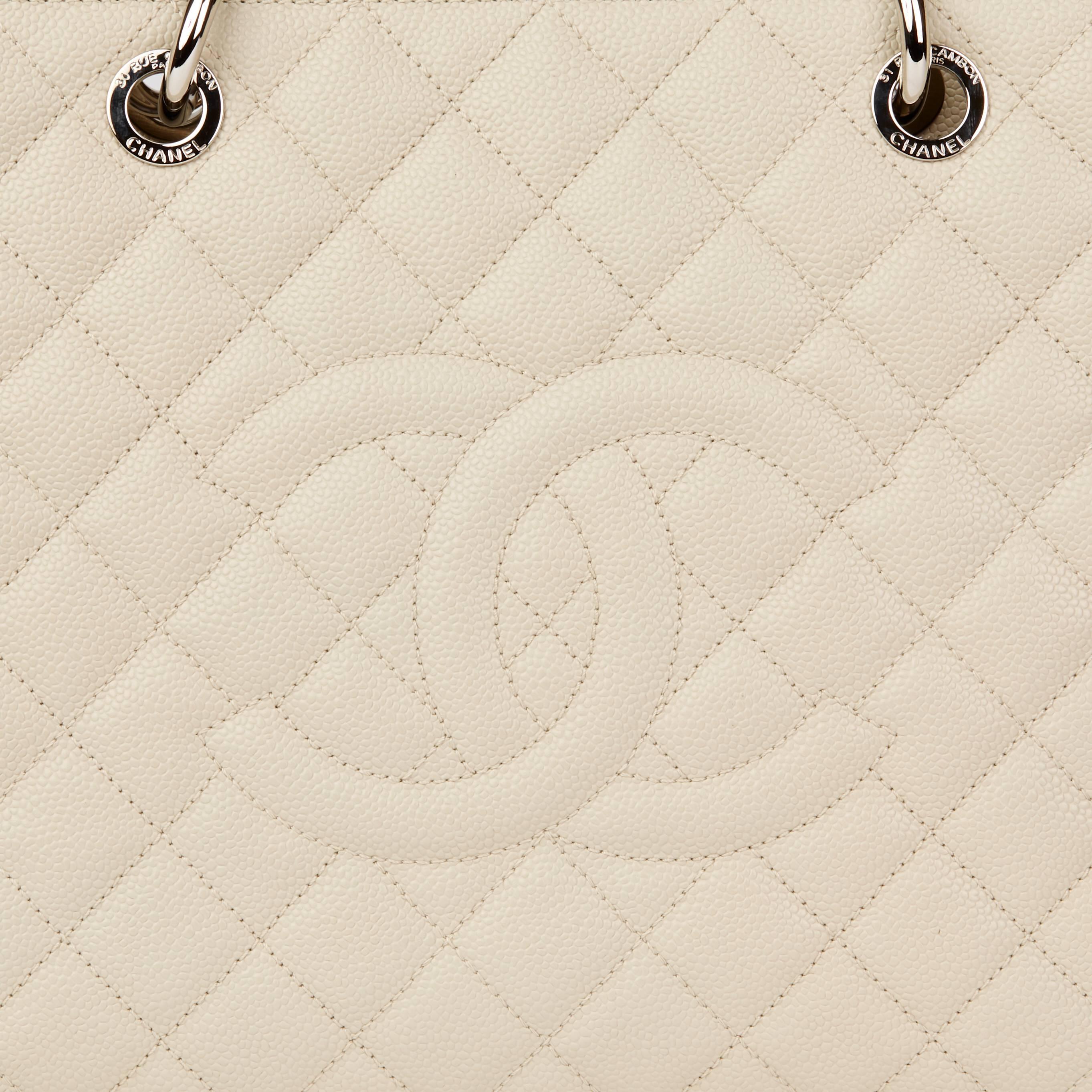 Beige Chanel Off-White Quilted Caviar Leather Grand Shopping Tote XL 