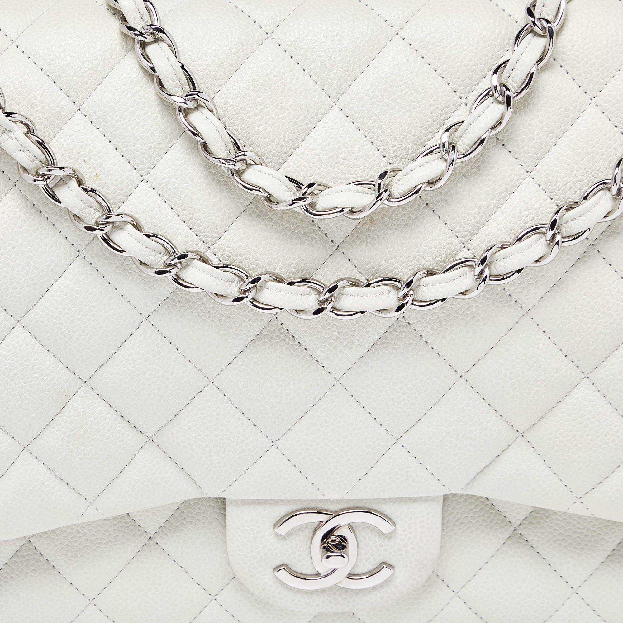 Chanel Off White Quilted Caviar Leather Maxi Classic Double Flap Bag For Sale 4